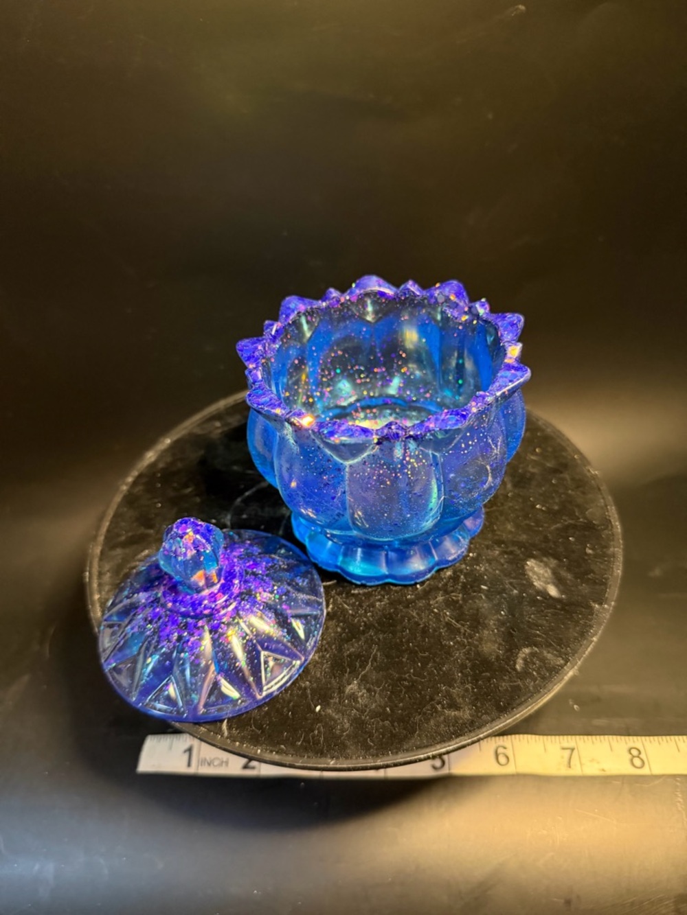 Iridescent Blue Glass Trinket Jar with Lid
